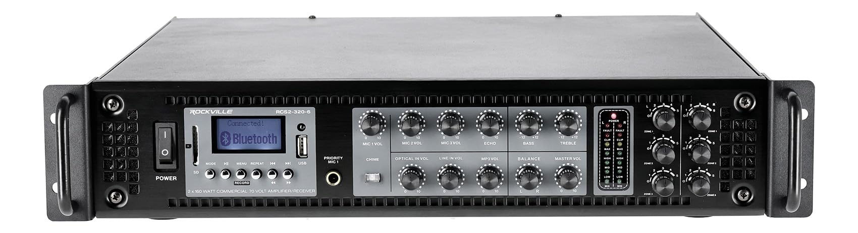 Rockville RCS2-320-6 320W 6-Zone Stereo/Mono Commercial 70V Amplifier, Bluetooth, USB/SD, Optical Input, Perfect for Home Theater