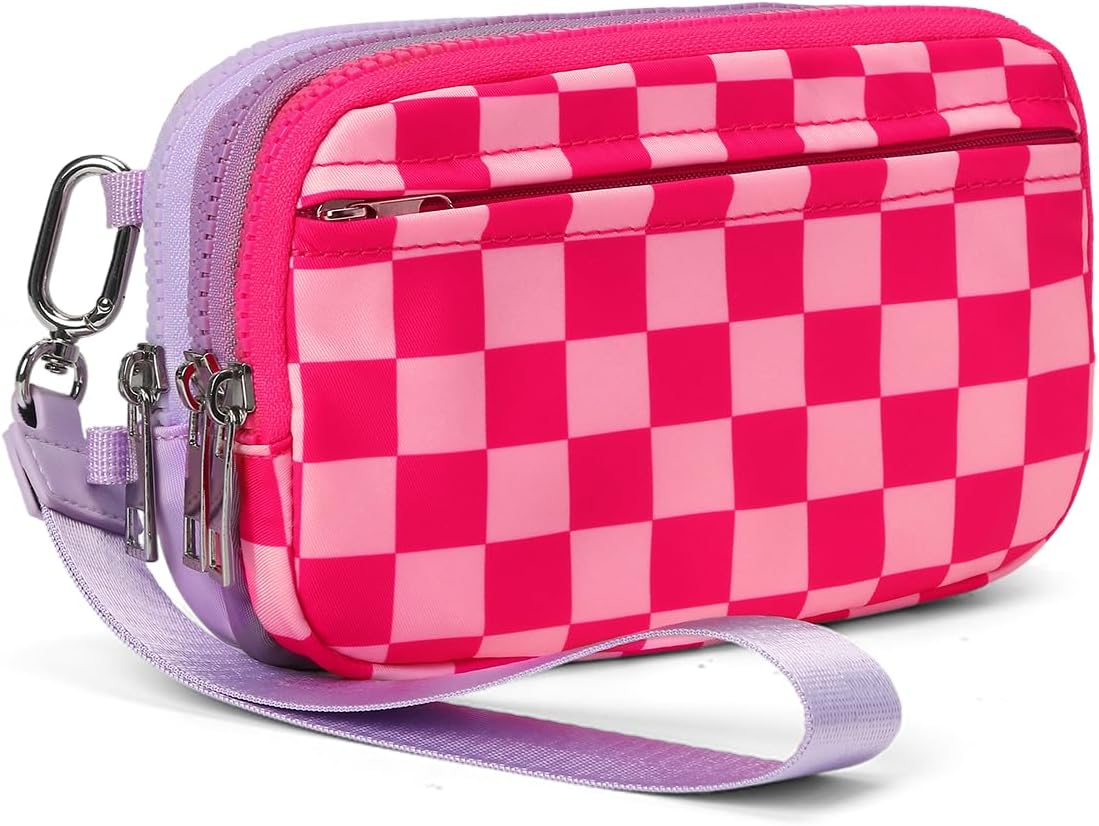 Checkered Wristlet Wallet for Women Tri-tone Cute Nylon Wristlet Purse with 5 zippers and ID Window Credit Card Holder - Image 8