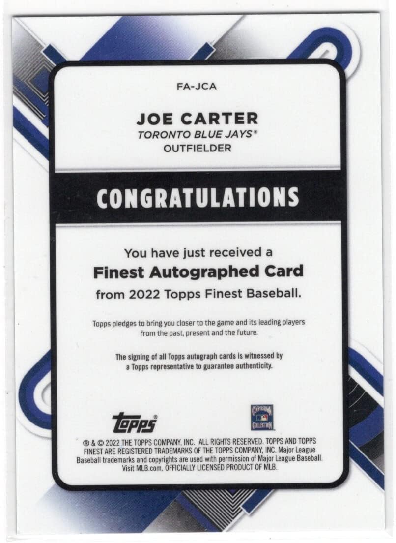 Joe Carter Autographed & Serial Numbered #078/150 Blue Parallel Collectible Baseball Card - 2022 Topps Finest Baseball Card #FA-JCA (Blue Jays)