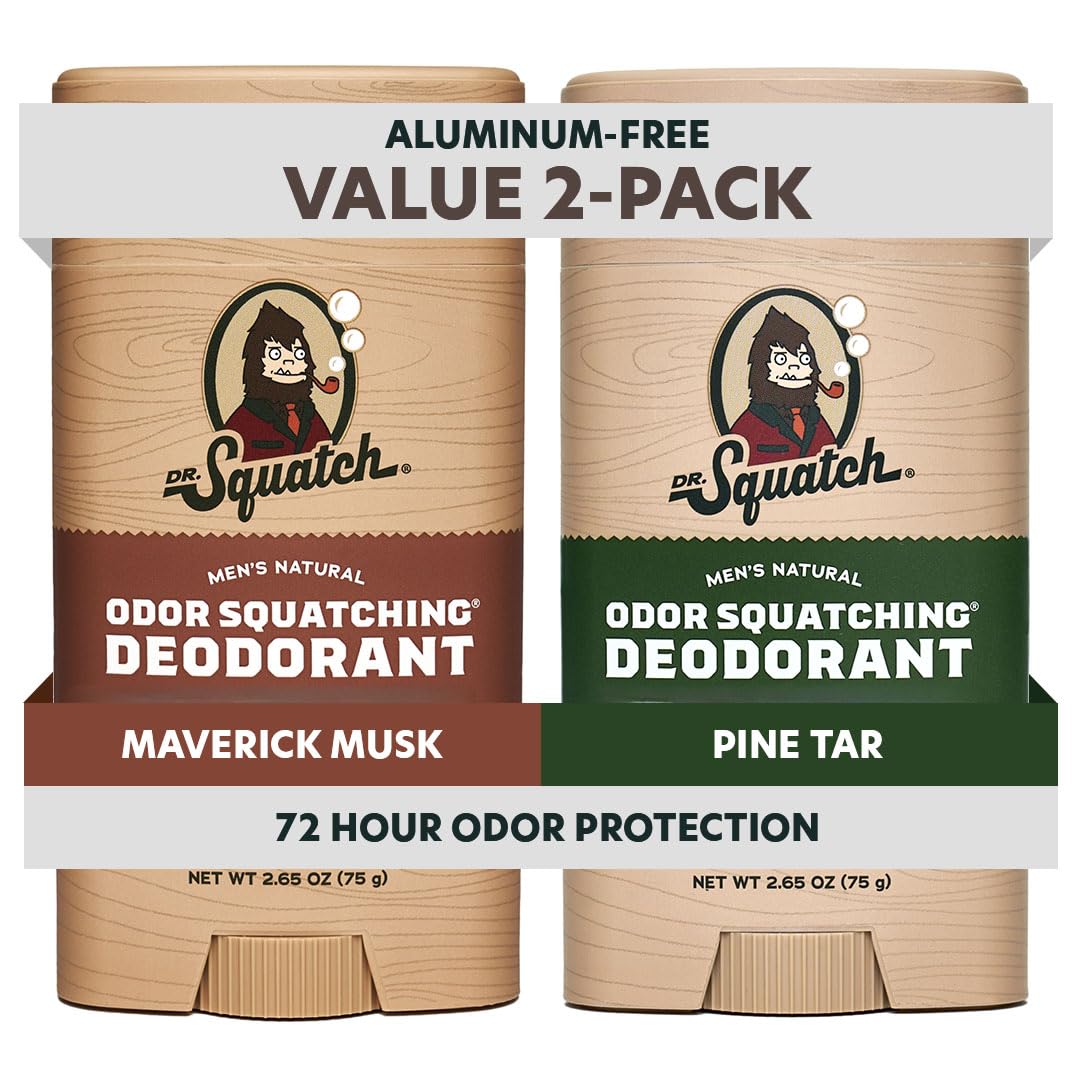 Dr. Squatch Natural Men’s Deodorant – Aluminum Free Natural Deodorant Men with Charcoal & Postbiotics for 72-Hour Odor Protection – Maverick Musk + Pine Tar, 2.65oz Stick (2-Pack)