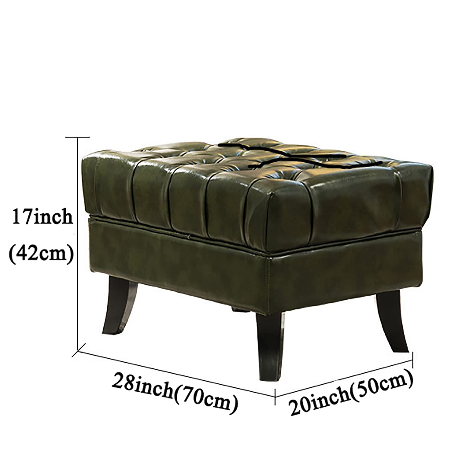 Regał na buty,Przyciski Ottoman podnóżek, podnóżek z litego drewna Ottoman, ławka na buty przedpokoju, rustykalny taboret do kanapy Ottoman do salonu sypialnia-skóra zielony 70x50x42cm