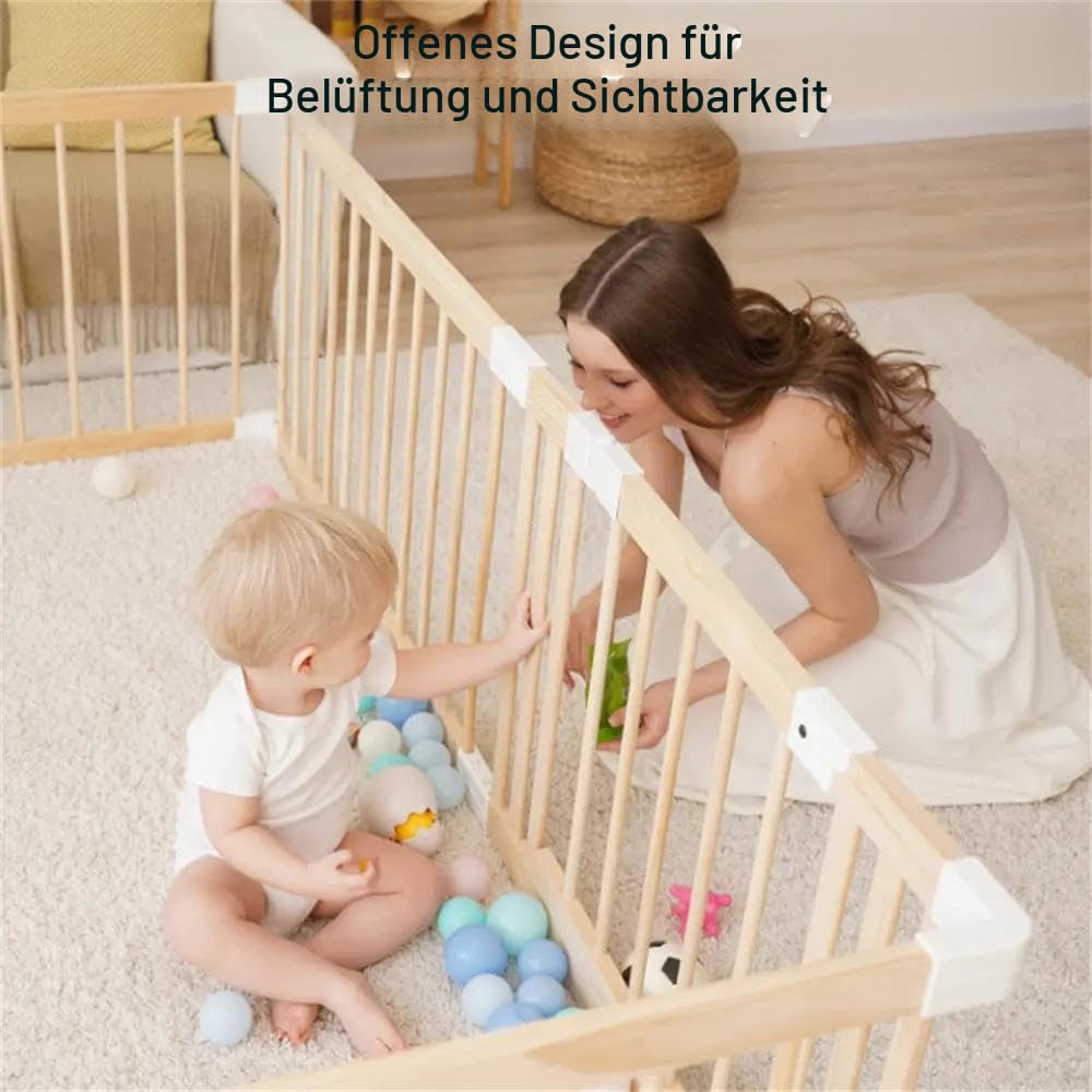 Laufgitter Baby aus massivem Kiefernholz – Baby Gitter Laufstall mit Tür – Klicksystem – Schneller Aufbau 10 Min – 120x160/140x140cm