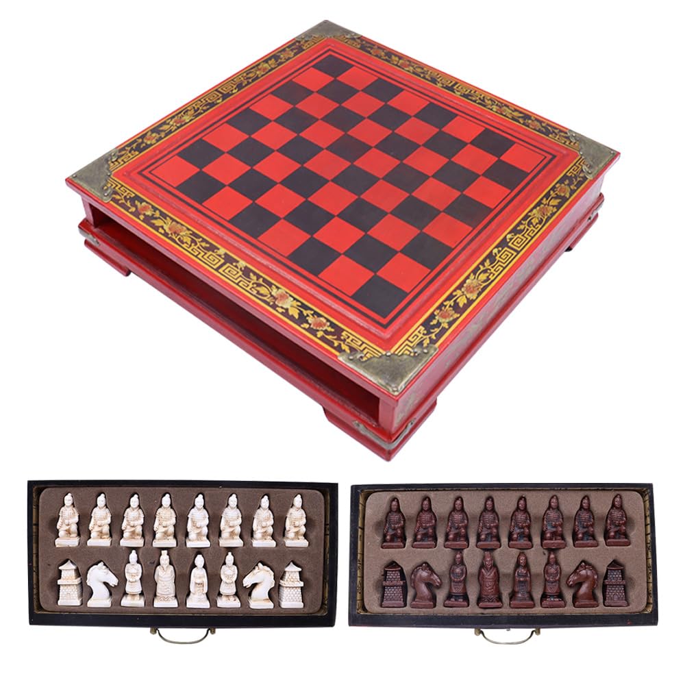 Set di Scacchi retrò guerrieri di Terracotta, Gioco da Tavolo Classico per Famiglie Realizzato a Mano con Scacchiera e Scatola di immagazzinaggio (26 cm)