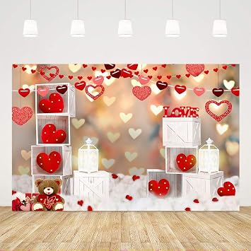 Ticuenicoa 5x3ft Happy Valentines Day Photography Backdrop Red Loveheart Lighting Rose Flowers Teddy Bear Photo Picture Glitter Background Wedding Sweetheart Memorial Day Photoshoot