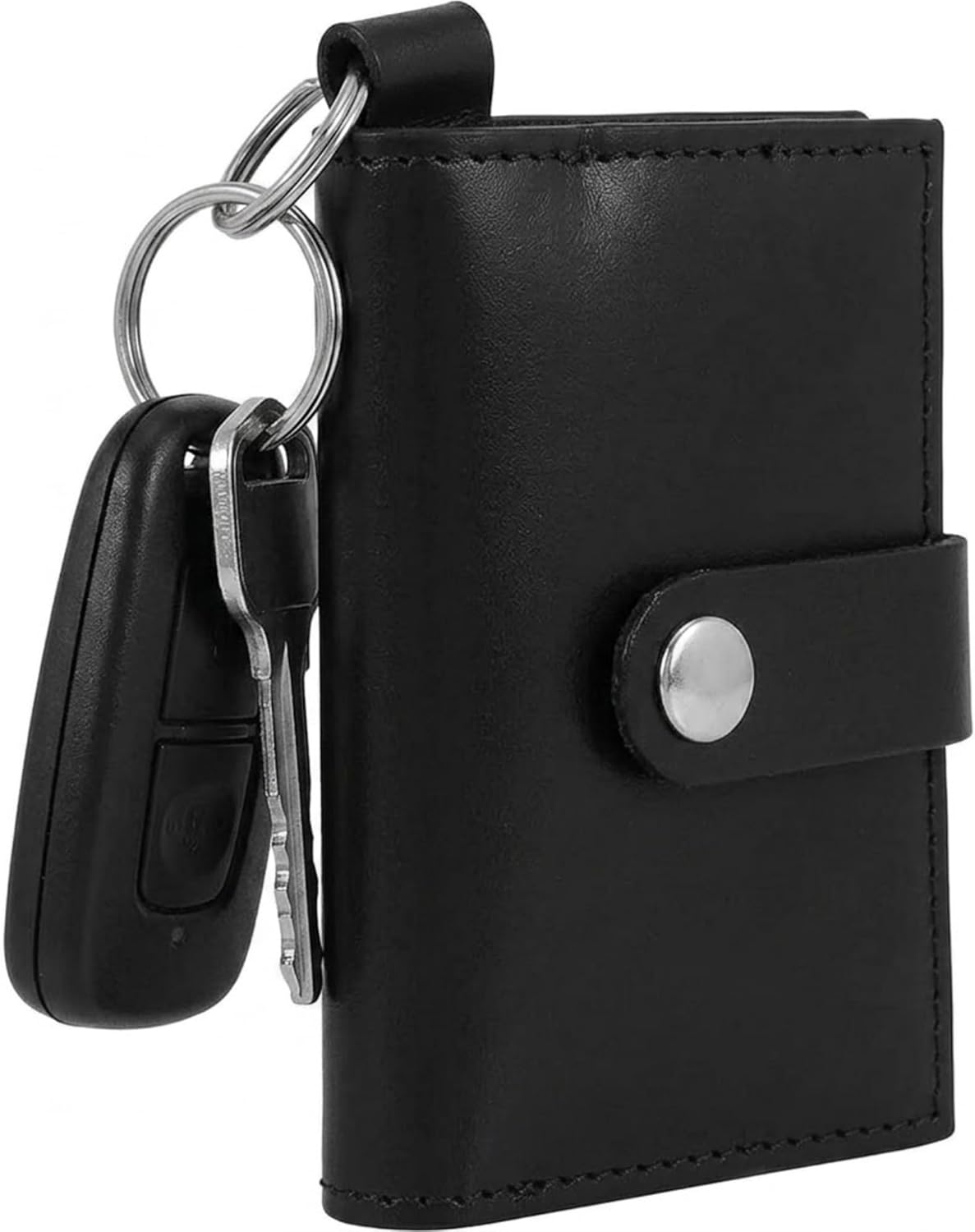 100% Genuine Leather Card Holder ID Window for Men & Women, Compact Key Organizer Case with Snap Button & Ring, Slim Pocket Size (Black, One Size)