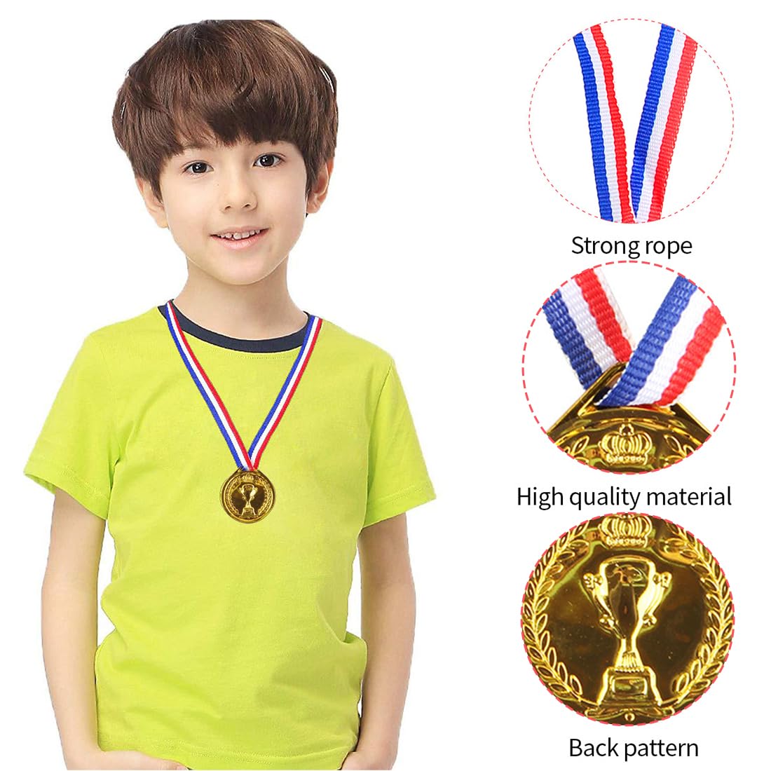 WUSJCOF 10 pezzi Medaglie vincitore in plastica, Medaglie per bambini, Medaglie personalizzate con nastri al collo, Bomboniere per bambini, Giochi per feste e giornate sportive scolastiche (Oro)