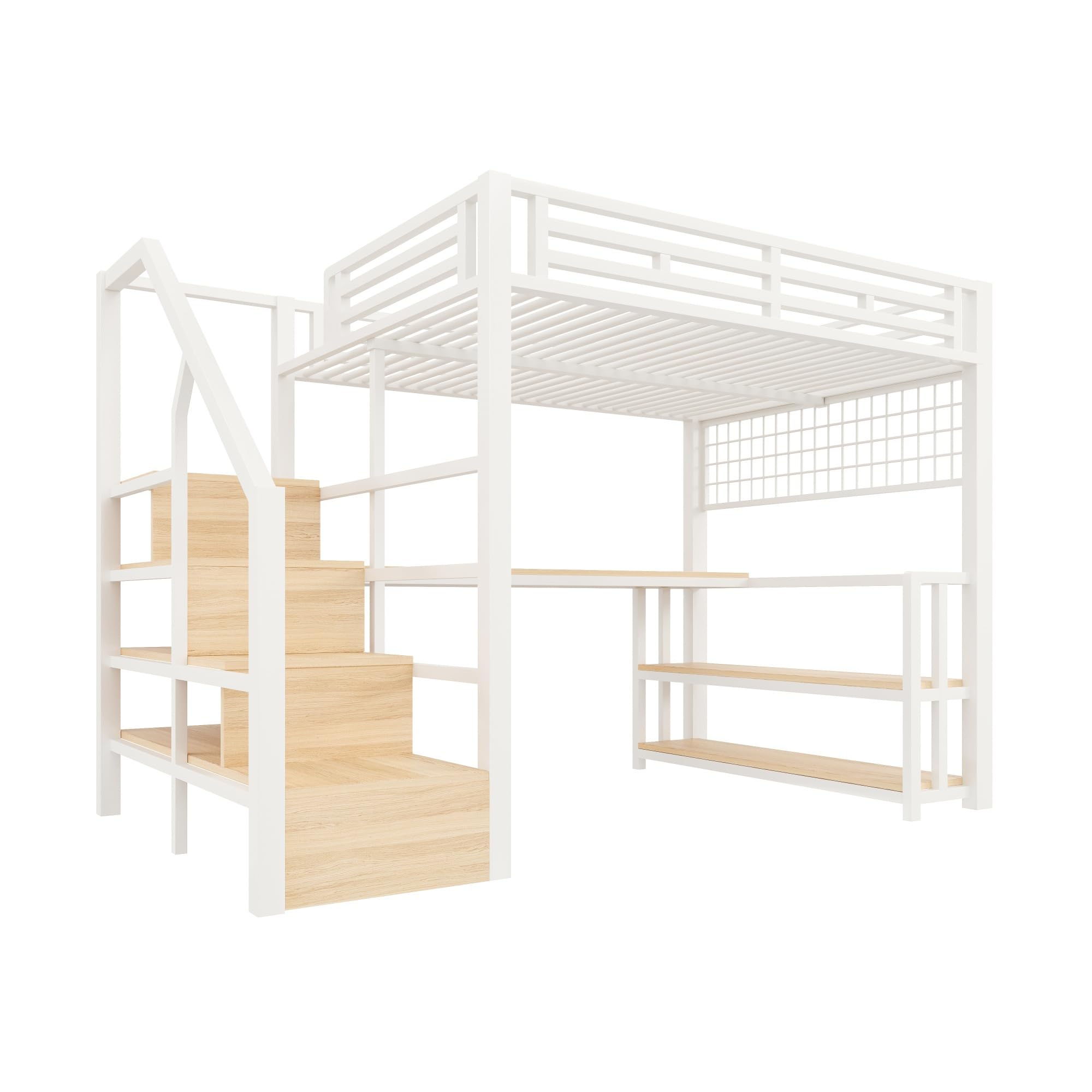 Cama alta de 140 x 200 cm, marco de hierro, estante de almacenamiento, rejilla colgante, barra de luz LED, escritorio, construcción de escaleras con espacio de almacenamiento, con 2 puertos USB y 1