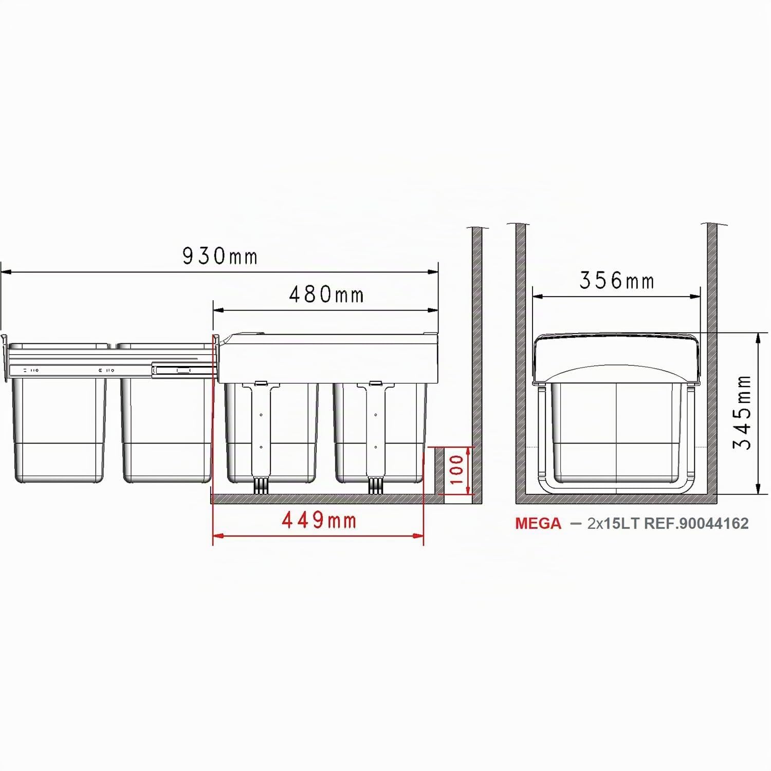 EKOTECH Einbau-Abfallsammler Mega 40 2 x 15 Liter Kunststoff Grau