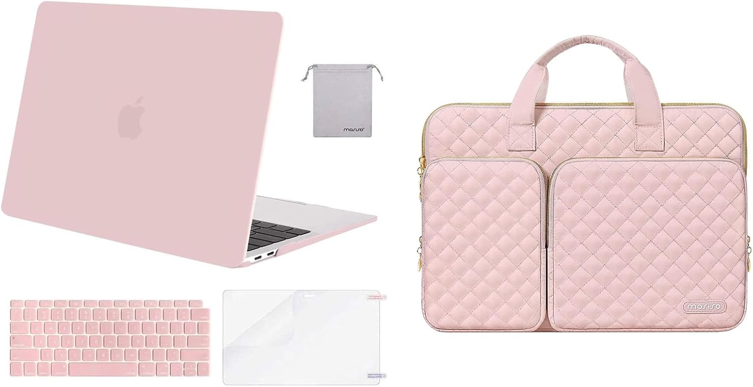 MOSISO Compatible with MacBook Air 13 inch Case 2022-2018 Release A2337 M1 A2179 A1932,Plastic Hard Case&Keyboard Cover&Screen Protector&Pouch&Bag with 2 Pockets&Handle&Belt, Rose Quartz&Chalk Pink