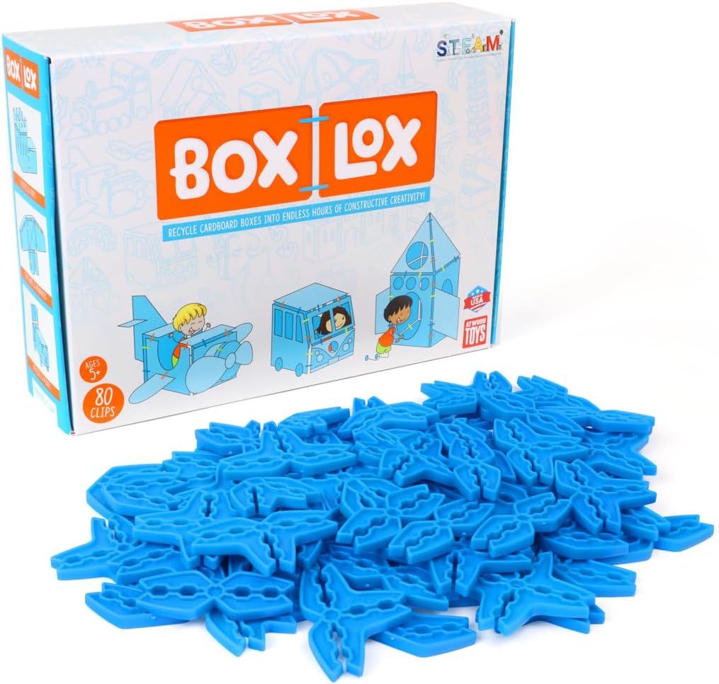 Bulk Dominoes Atwood Toys Box Lox 80 pcs Creative Cardboard Building kit - Construction Toys for Girls and Boys Educational STEM Building Alternative to Building Blocks Toy (Blue)
