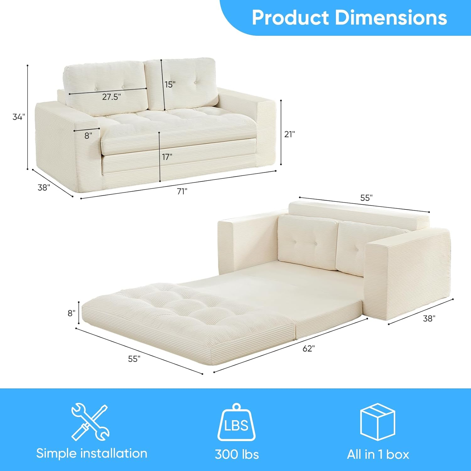 Mjkone 2-in-1 Convertible Sofa Bed, 71" Pull Out Couch Bed, 2 Seater Boneless Couch Portable Fold Out Floor Loveseat Sleeper Folding SofaBed with Backrest for Living Room Bedroom Lounge, Beige
