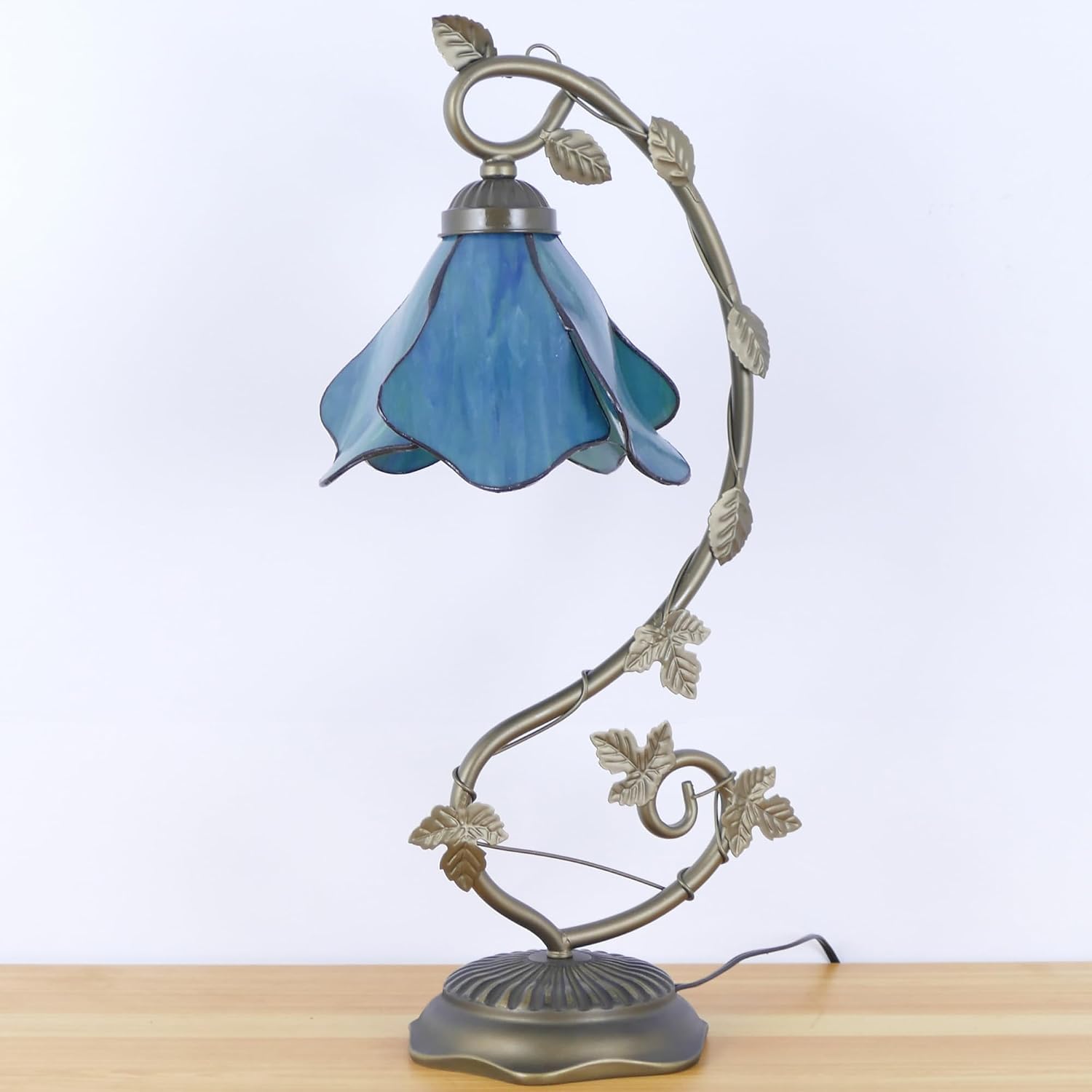Tiffany Table Lamp Stained Glass Desk Light Morning Glory Style Bedside Accent Lamp Memory Sympathy Metal Leaf Base 8X10X21 Inches (Green)