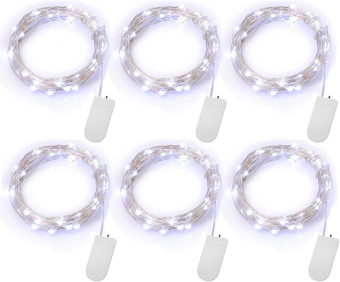 Yang wa Fairy String Lights 6 Pack 6.6 ft 20 LED Silver Wire Christmas Lights Waterproof for Home Party, Patio, Garden, Christmas Decoration (Cool White)
