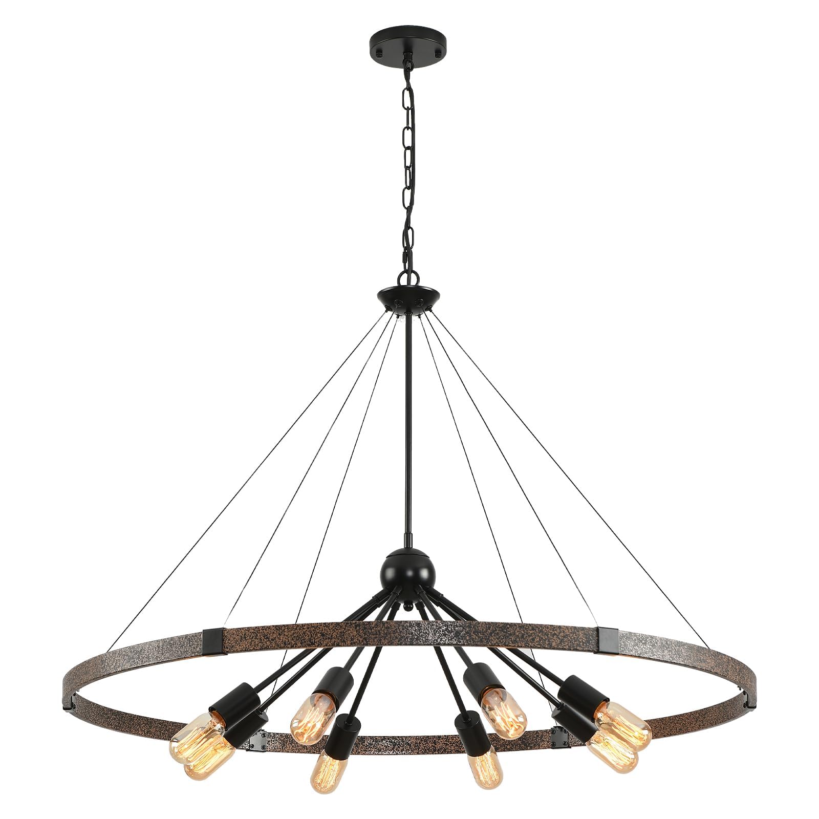 HvKvHvY E27 Wagon Wheel Chandeliers Light,8 Lights Industrial Ceiling Lights, Black Chandelier Rustic Light Fitting, Vintage Metal Adjustable Lights for Kitchen Farmhouse Bedroom Dining Room,97cm
