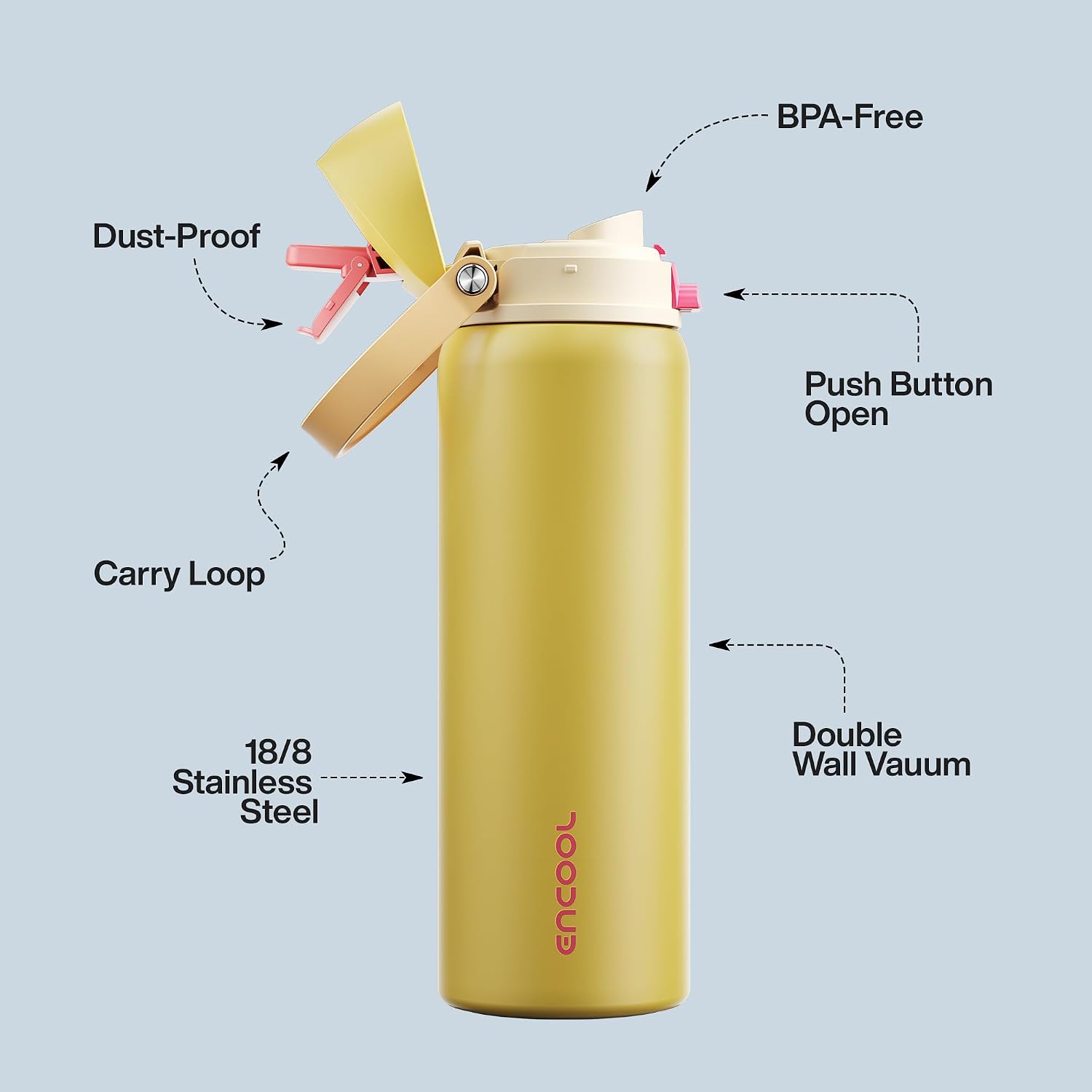 Insulated Water Bottle with Straw - Encool Stainless Steel Water Bottle with Push Button Lid, Leak-Proof & BPA-Free, Keeps Cold for 24 Hours for Sports, Travel, Gym (32 oz, Ginger)