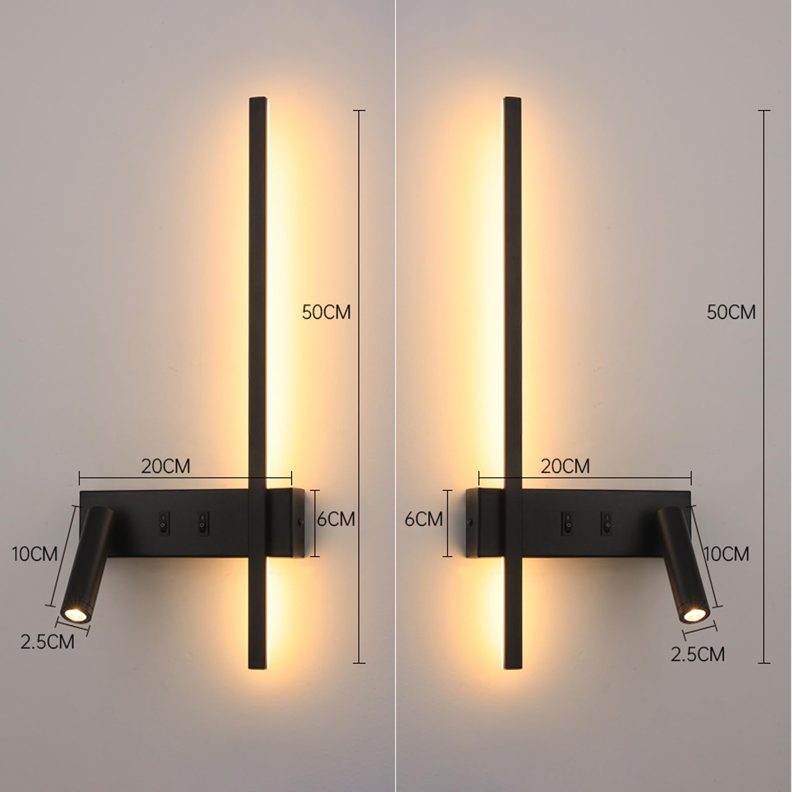 Wandlampe LED Innen Moderne Dekorative Wandleuchte 270°+135° Drehbare Wandbeleuchtung mit 2 Schalter Wandleuchten Lange Acryl für Wohnzimmer Korridor Treppen (Schwarz – Rechts,Warmes Licht)