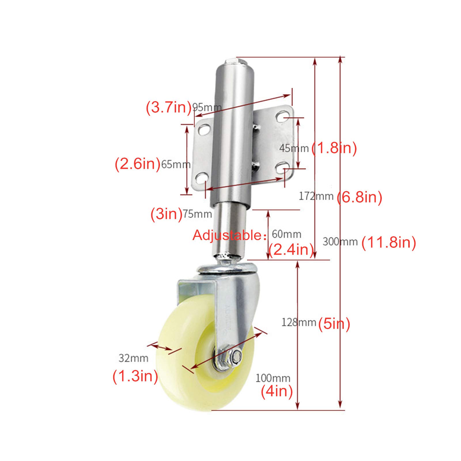 10 cm (4 cale) nylonowe kółka obrotowe sprężynowe z amortyzacją, do drzwi drewnianych lub metalowych, regulowana wysokość 30/60 mm, nośność 80 kg (176 funtów) (uniwersalne)