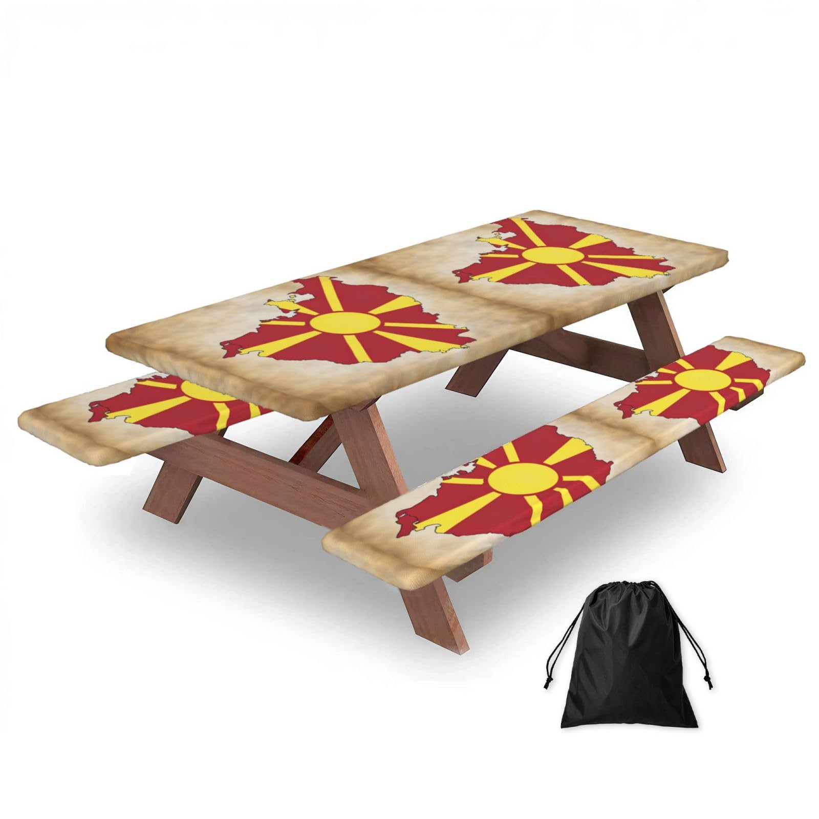 Duwaa Black Northern Macedonia Flag Map03 Print 183Cm Picnic Table Cover With Bench Covers, Waterproof Elastic Tablecloth Set For Outdoor
