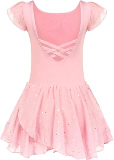 Girls Shiny Ballet Leotard Ruffle Sleeve Dance Dress Criss Cross Straps Activewear