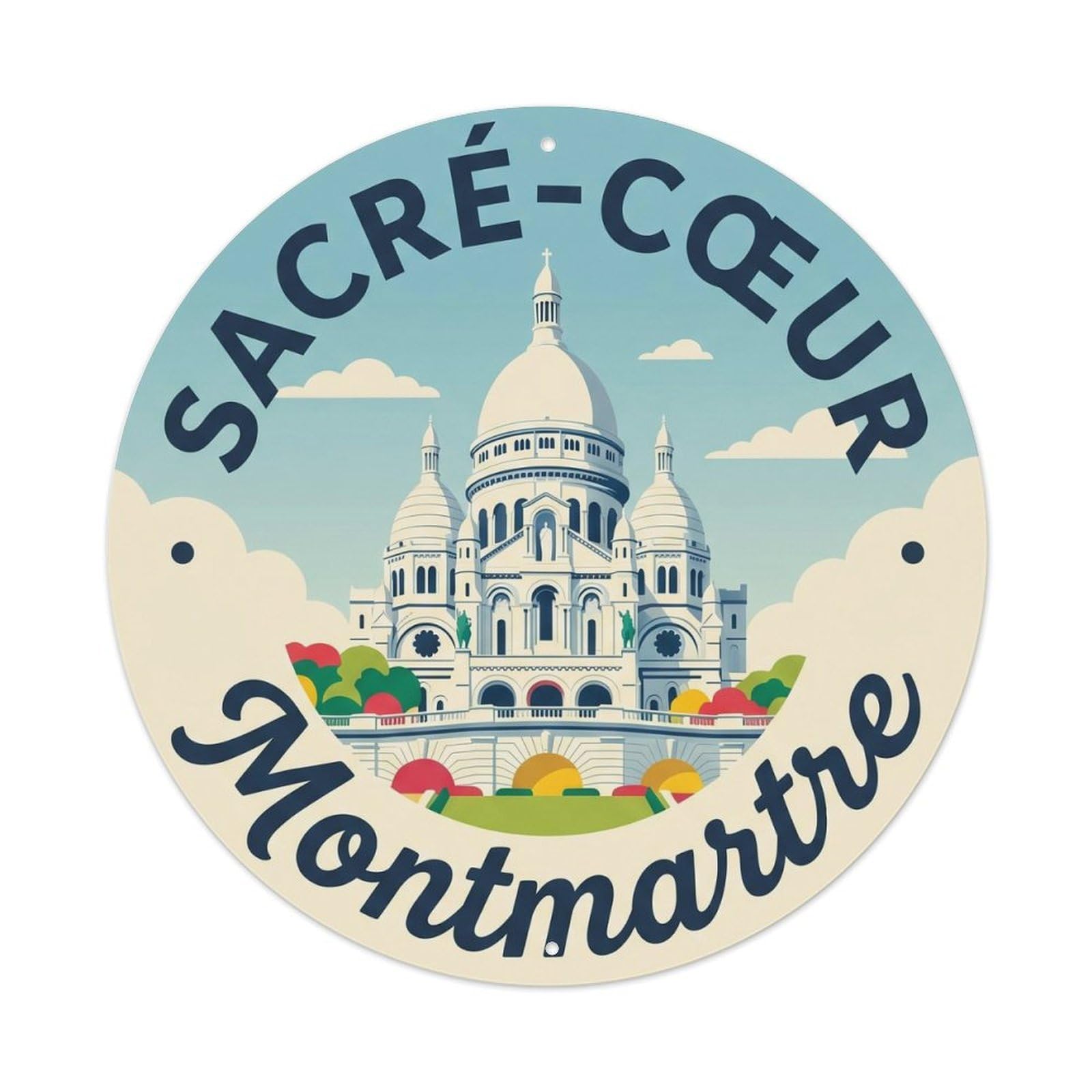 Vintage Travel Sacre Coeur Montmartre Metal Tin Sign Plaque Wall Decor for Cafe, Club Bar, Office, Home Garden Round Metal Poster 8x8Inch