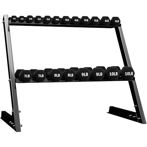 BalanceFrom Neoprene Coated Iron Dumbbell Hex Weights Set with Stand – Color-Coded or Black Options with Non-Slip Grip for Strength Training, Resistance Workouts, and Home Gym Fitness