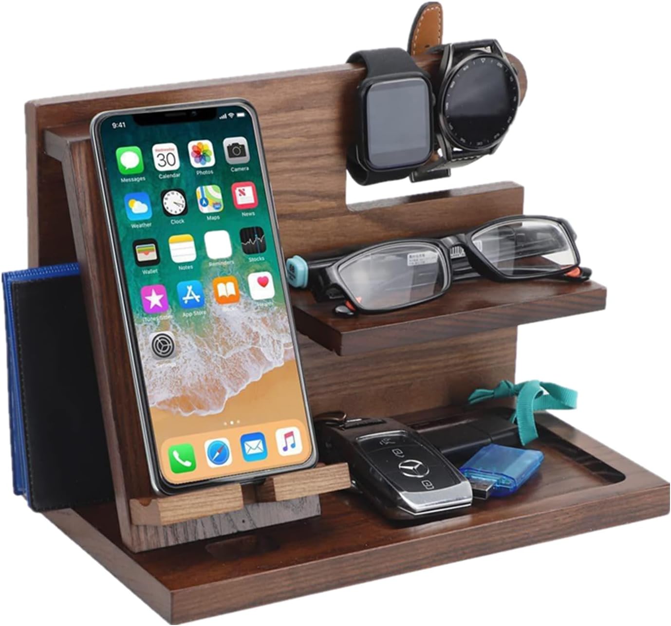 Wood Phone Docking Station, 5-in-1 Desktop Organizer for Phone, Watch, Keys, Glasses & Office Supplies, Birthday Gifts for Men, Dad Bedside Nightstand Organizer for Home/Office/Bedroom.(Brown)