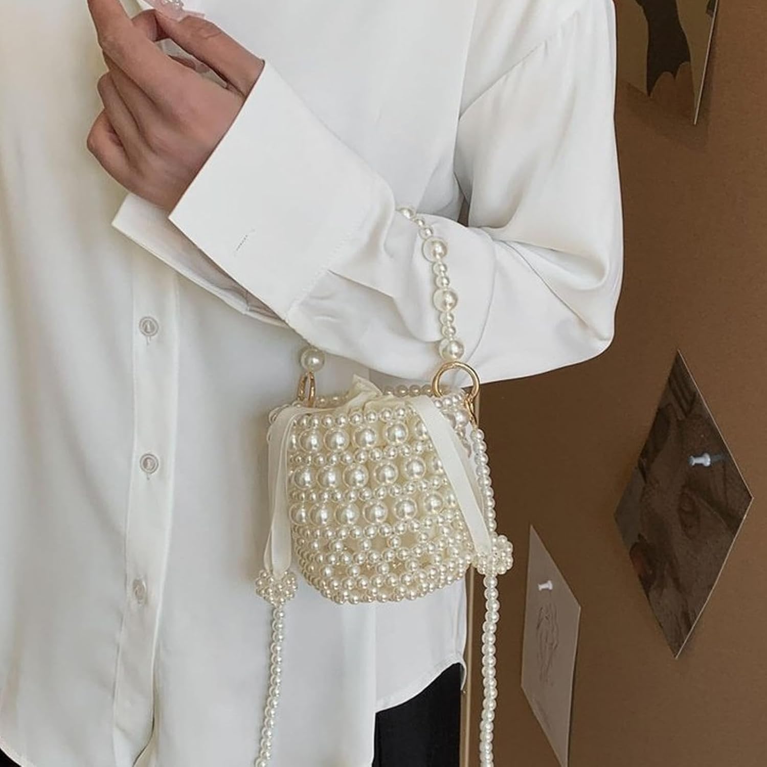 SHESRA Luxury Pearl Bag Chain Bag Purse Bags, Artificial Pearl Clutch Crossbody Handmade Bags Evening Bags for Party Wedding Bridal Party Travel Prom 07