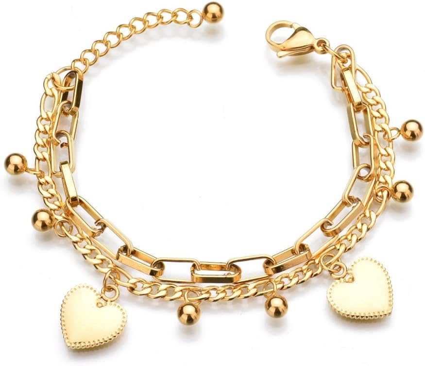 18K Gold Stainless Steel Multi Chains Bracelet with Ball and Heart Charms for Women