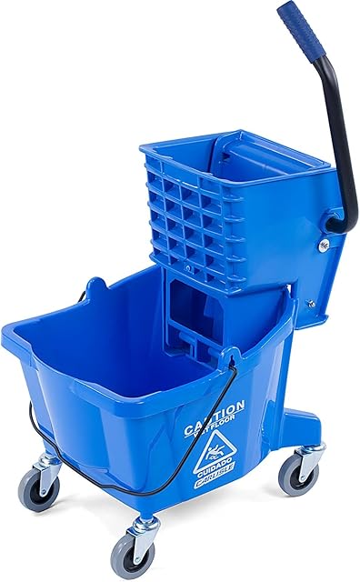 Carlisle FoodService Products Plastic Commercial Mop Bucket with Side-Press Wringer, 26 Quarts, Blue