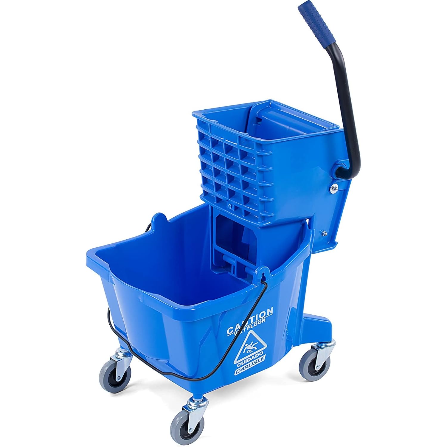 carlisle foodservice products 26-quart commercial mop bucket with side-press wringer, precision-molded polypropylene, durable wringer, bucket with non-marking casters, 18.5 x 16.5 x 23 inches, blue