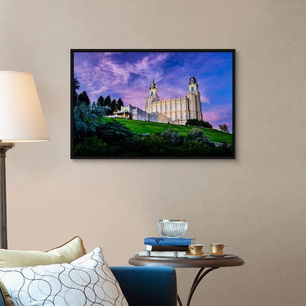 Manti Utah Temple, Pink Sunrise from The Black Float Frame Canvas Art, Utah Artwork