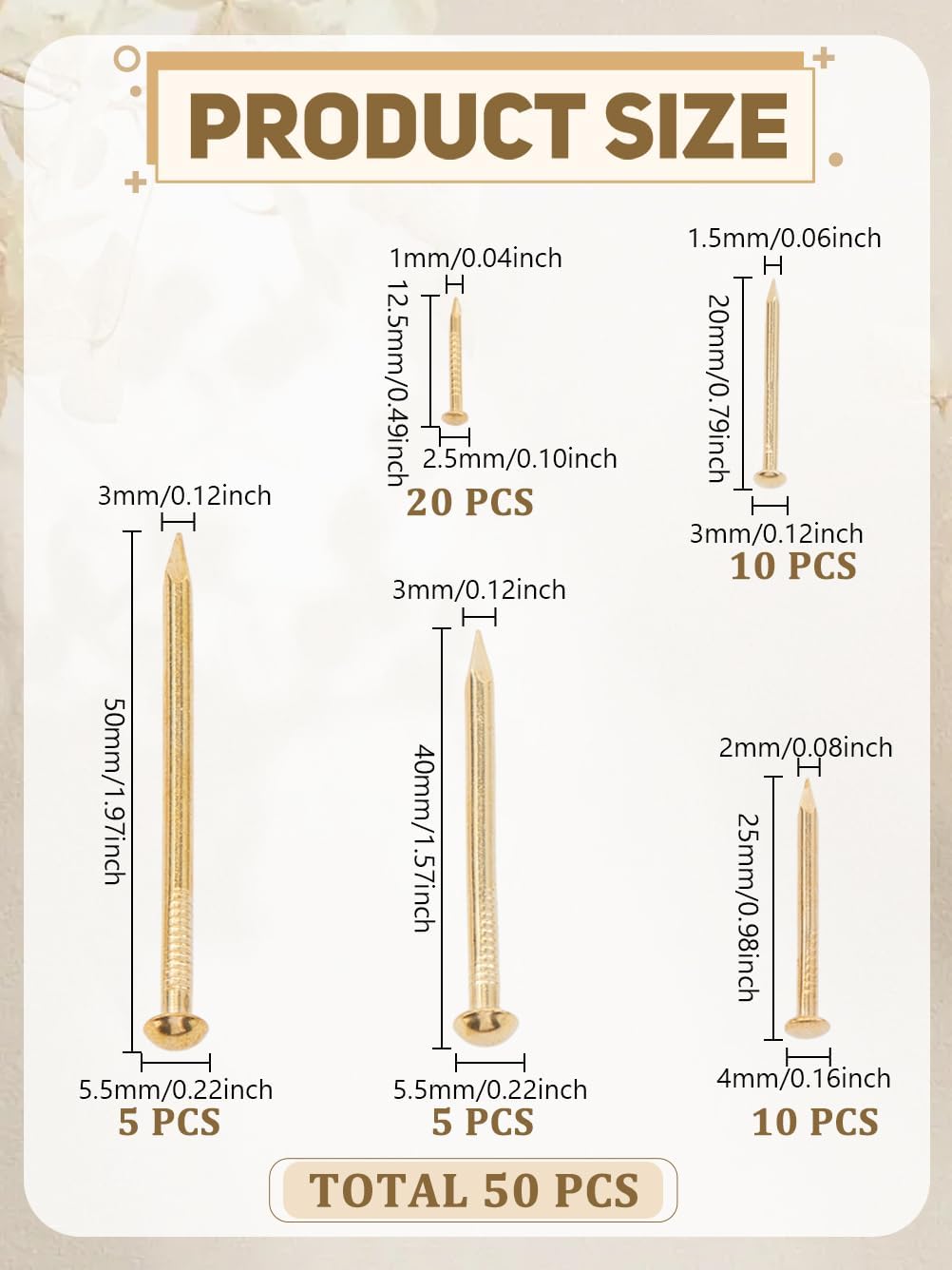 50Pcs 5 Sizes Hardware Nails, Golden Brass Stereoplasm Cement Nail, Retro Solid Pure Brass Tacks, Picture Hanging Nails for Carpentry, Carpet, Construction or Home Decoration, Pin: 1~3mm