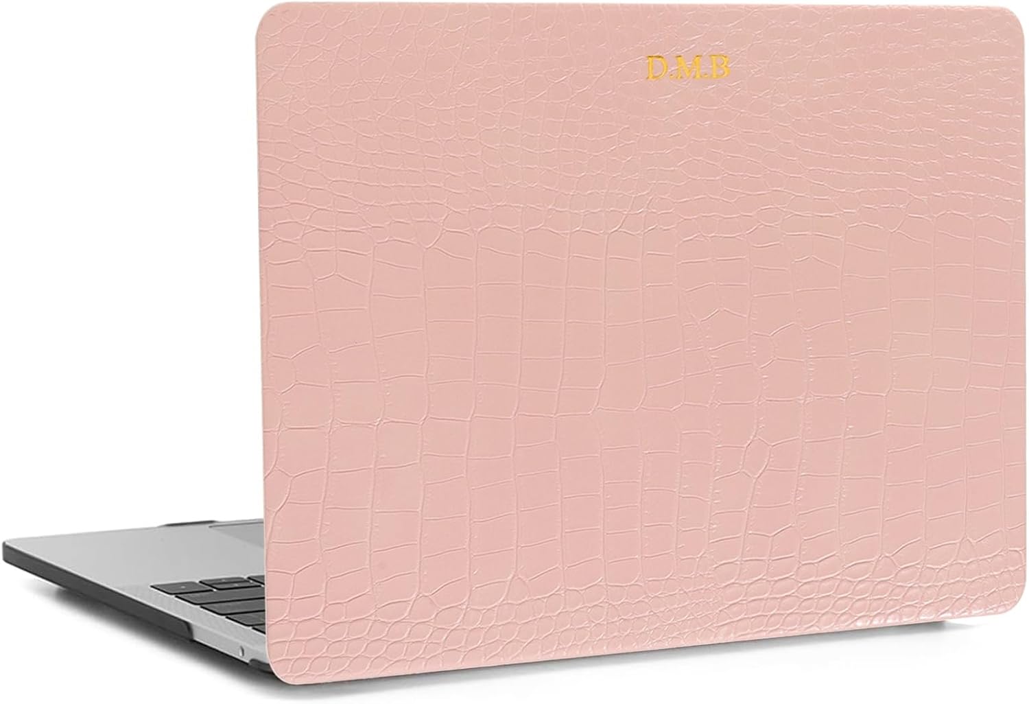 Customized Gold Silver Initial Letters Crocodile Pattern Leather Case for MacBook Air13, Pro13, 13" Retina (A1425/A1502), Pro14, Air15, Pro15, Pro16, Premium Hard Shell Cover (Pink)