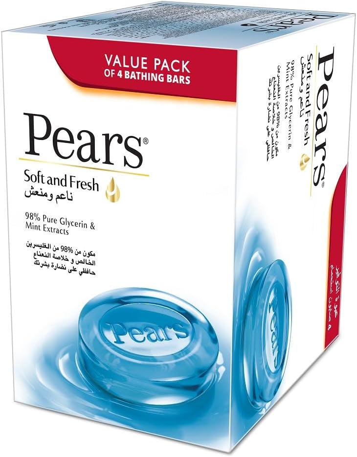 Pears Soft and Fresh Bar Soap with Pure Glycerin and Mint Extracts for Fresh & Glowing Skin, Paraben-Free Moisturising Soap With Mild Fragrance, Dermatologically Tested and Eco-Friendly (Pack of 4)