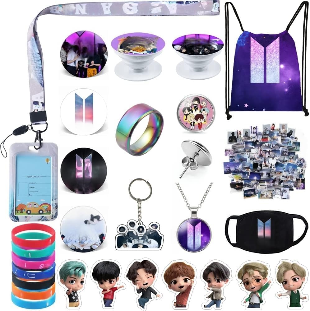 eTel Like BTS Gifts Set, Including Drawstring Bag Backpack, Necklace, Earrings, Rings, Bracelets, Face M-asks, Button Pins, Lanyard ID Holder, Keychain, Phone Ring Holder, Stickers