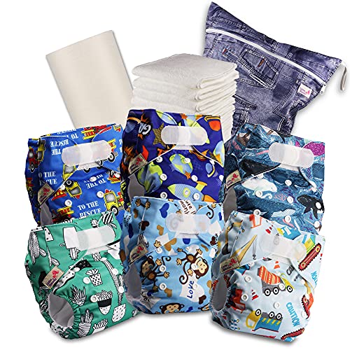 Littles & Bloomz Pañal reutilizable de bolsillo de tela para bebé, gancho y lazo estándar, 6 pañales + 6 inserciones, 1 forro de bambú desechable, 1 bolsa de pañales húmedos, 605VM6
