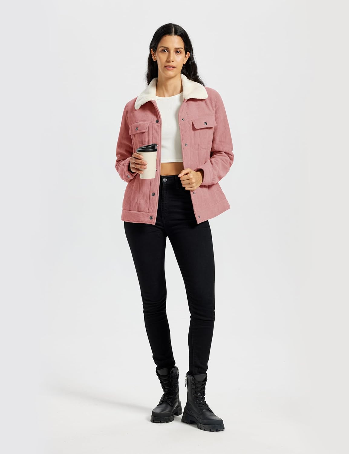 MoFiz Women's Corduroy Jacket Sherpa Fleece Lined Warm Winter Coat Button Down Casual Jacket with Pockets - Image 8