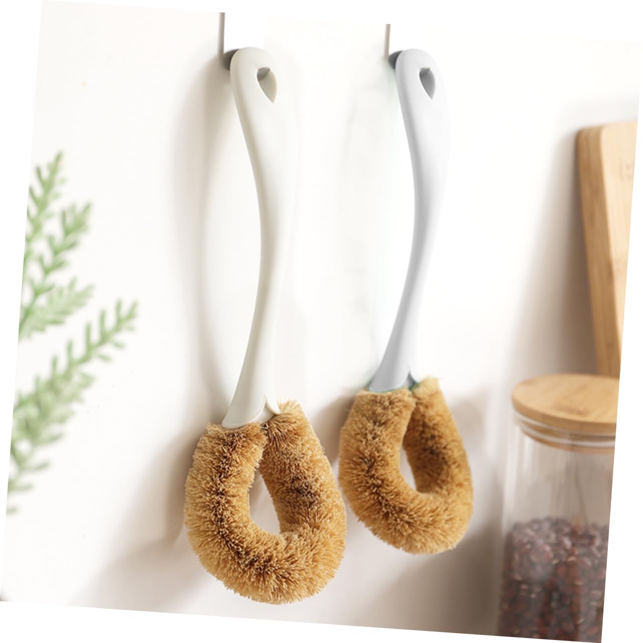 NOLITOY Natural Coconut Fibre Long Handle Pot Brush for Kitchen Cleaning Durable Scrub Brush for Dish and Plate Washing Non Scratch White