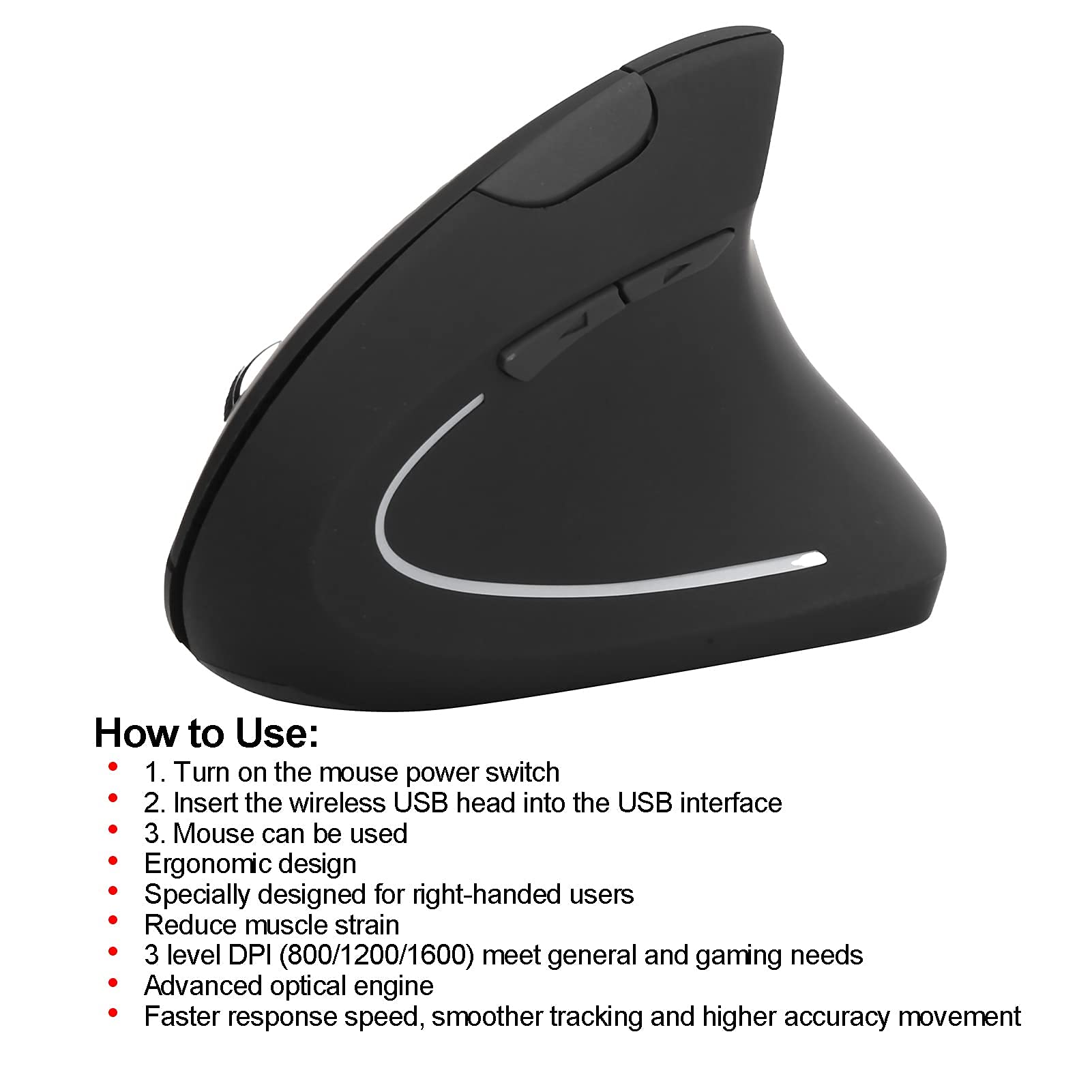 Optical Vertical Mouse, 6 Keys 5th Gen Ergonomic Right Hand Gaming Office Computer Mice 2.4GHz Wireless Mouse DPI 800/1200/1600(Black)