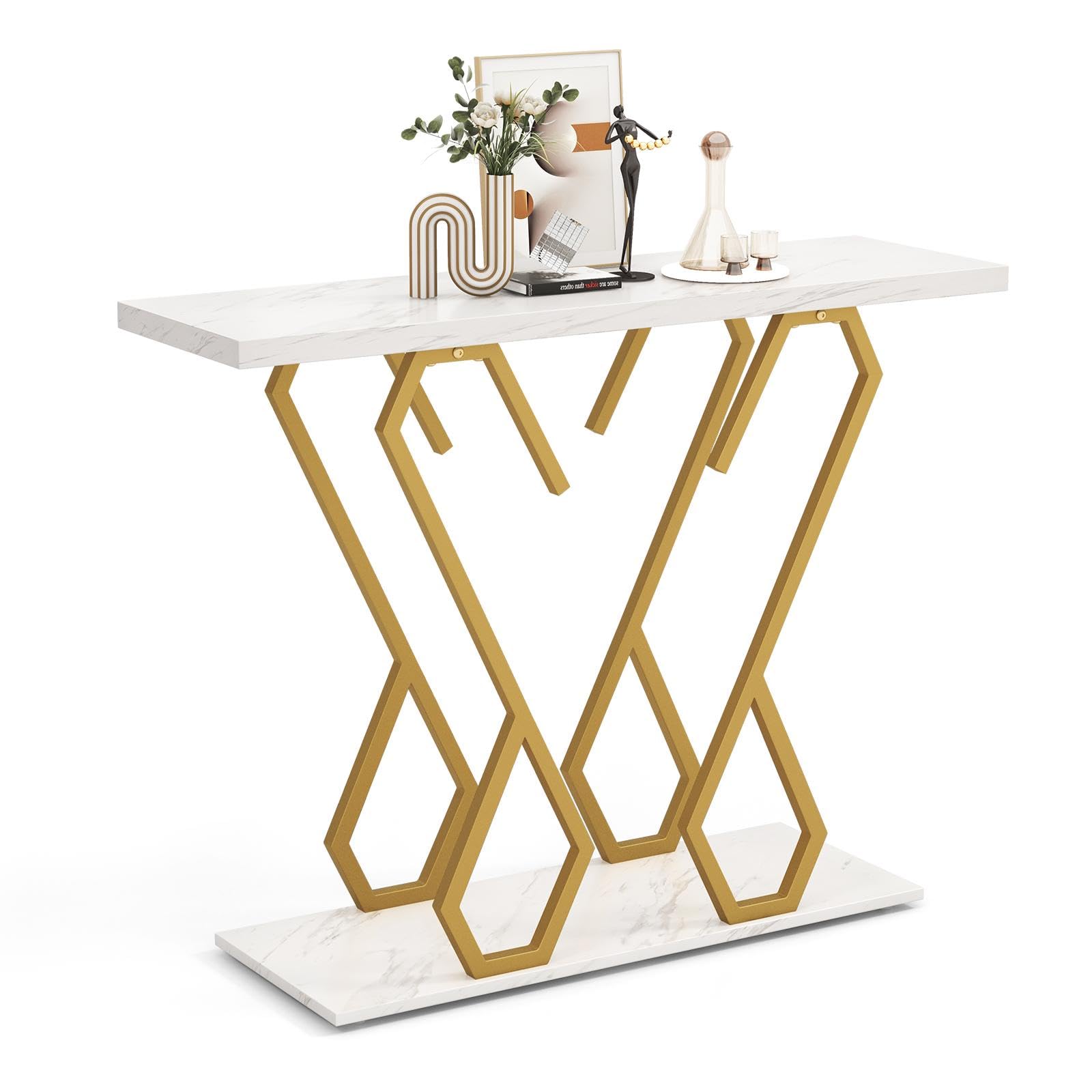 LIFEZEAL Konsolentisch Marmor, Eingangstisch mit 2 Ebenen, Flurtisch mit Schmetterlingsrahmen, Schmaler Dekotisch Beistelltisch für Wohnzimmer & Flur, 100 x 30 x 79 cm (Weiß + Gold)