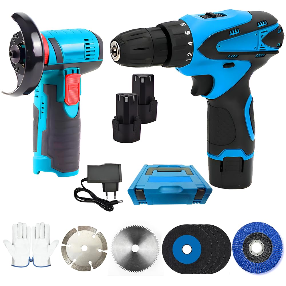 Kit Trapano Avvitatore a Batteria 12V e Smerigliatrice Angolare Senza Fili con 2 Batterie Caricabatterie Valigetta per Fai Da Te Casa Lavorazione Legno Metallo
