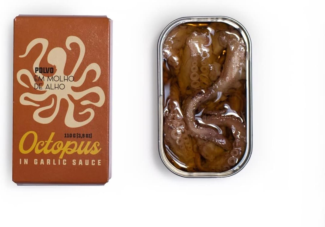 Ati Manel Spanish Octopus Canned in Garlic Sauce | Wild Caught, B Vitamins, Omega-3 | Tinned Seafood | 110g Can