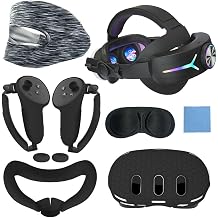 AZURAOKEY 8-in-1 Sets Protective Cover Set RGB Light Battery Head Strap VR Cover Face Cover Controller Grips Cover Lens Protector Joystick Covers Eye Mask for Meta Quest 3