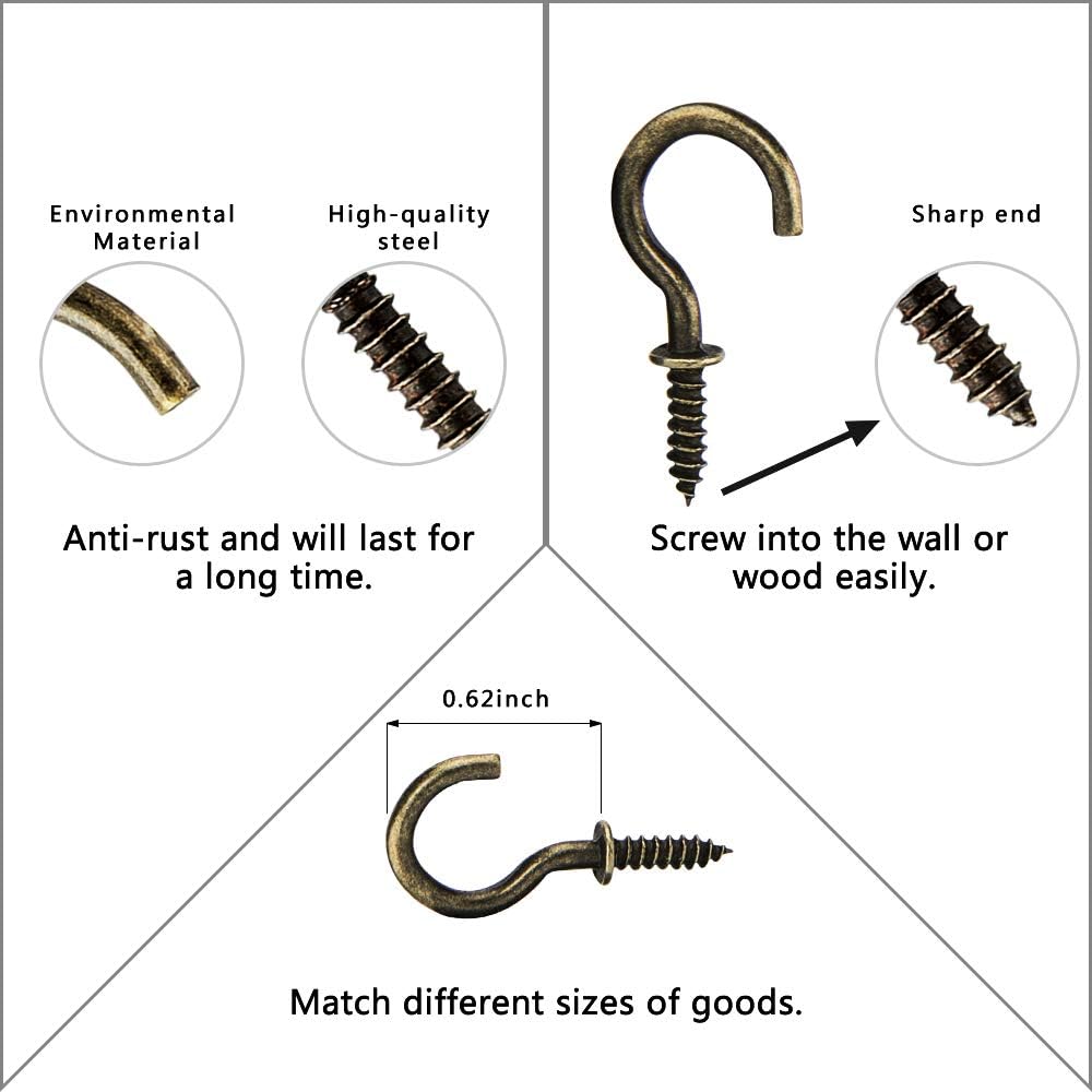 FEED GARDEN Cup Screw Hooks 5/8" Metal Ceiling Hooks 50 Pack Heavy Duty Rubbed Bronze Steel Cup Hooks for Coffee Cup,Tea Cup,Plants,Lights,Hooks for Outdoor/Indoor
