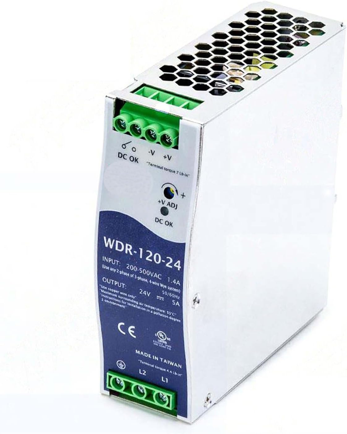 WDR-120-24 24V 5A 120W Industrial DIN Rail Power Supply, Wide Input Voltage, UL508 Listed