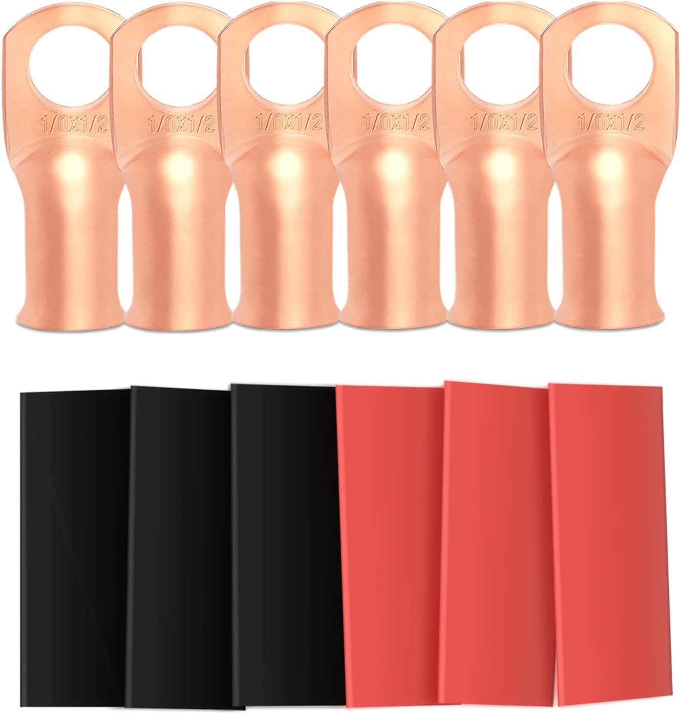 6pcs 1/0 Awg - 1/2" (M12) Sanuke Wire Lugs Ring Terminal Connectors Ends Heavy Duty for Battery Cable Lug tinned Copper Tubular Wire Electrical Eyelets with 3:1 Dual Wall Adhesive Heat Shrink