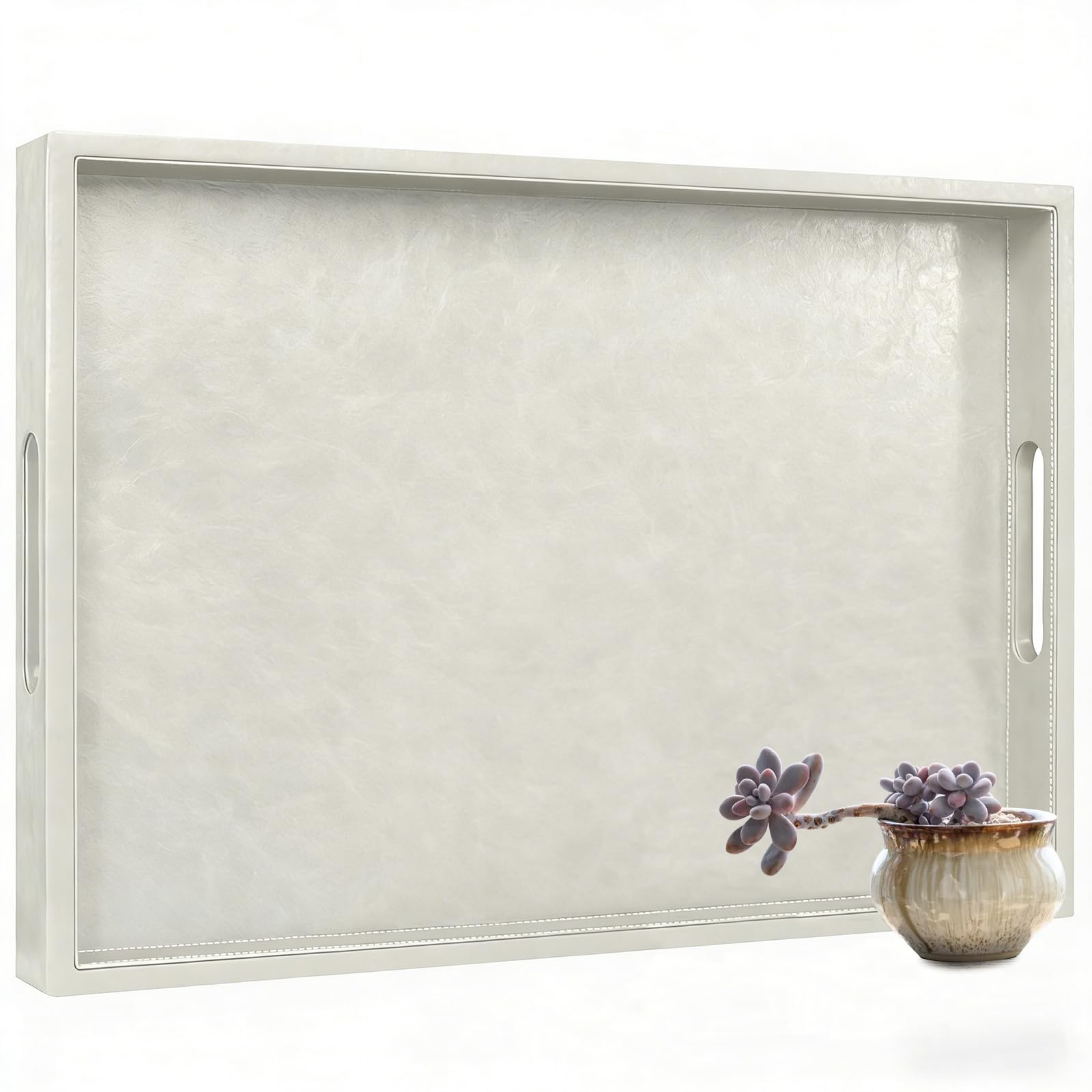 Photo 1 of 30 x 24 inches Rectangle Leather Ottoman Serving Tray with Hole Handles, Extra Large Modern Service Tray for Living Room, Coffee Table, Bed, Tea, Food, Countertop, Kitchen, Dinner, Picnic (White)