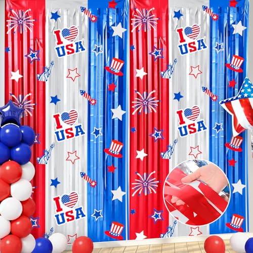 Image of WovWeave Red White Blue Decorations 2 Pack 3.3 x 6.6 Ft Patriotic 4th of July Tinsel Foil Fringe Curtains Star Firework Streamer Backdrop Photo Prop for Patriotic Independence Memorial Labor Day