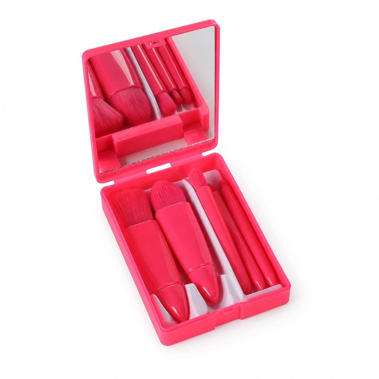Compact Makeup Brush Set, 5-Piece Travel Makeup Kit with Mirror, Portable Foundation & es, Mini 5-piece set, rose red with mirror case