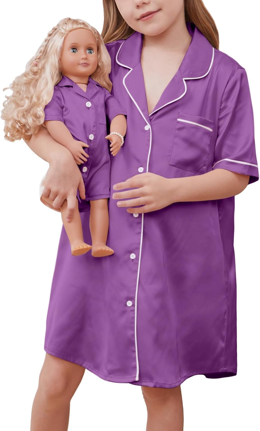 QPANCY Matching Girls & Doll Satin Nightgowns Short Sleeve Button Down Nightshirt Pajama Silk Night Dresses Loungewear